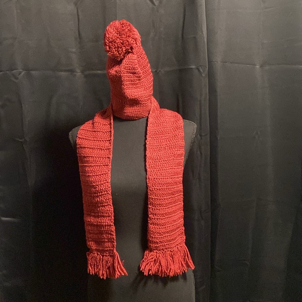 Handmade Knitted Hat with Ball and Scarf